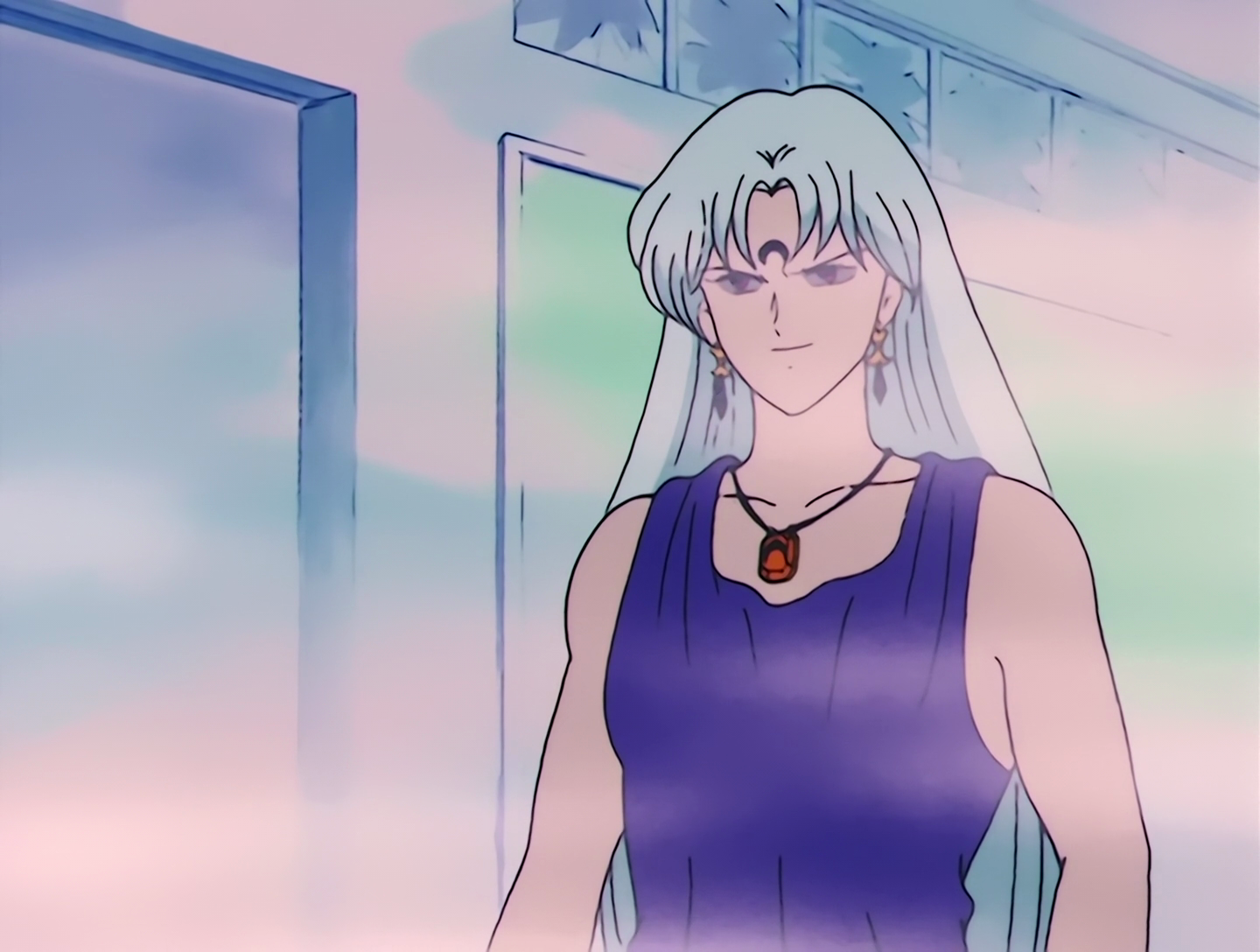 Chiral, a Droid from Sailor Moon episode 81. He has pale skin, long light blue hair, and wears a dark blue sleeveless undershirt. He has the inverted crescent symbol of the Black Moon on his forehead.